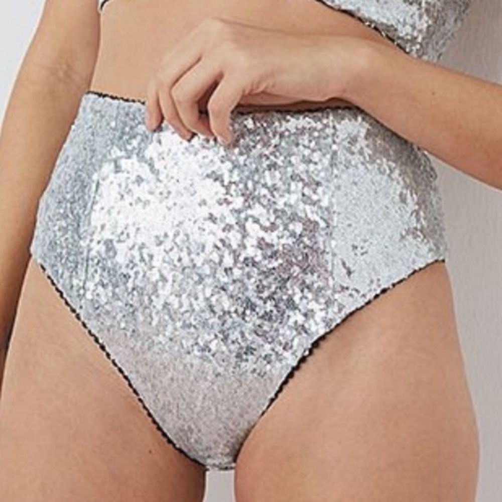NEW! for love and lemons silver glimmer sequin high waisted panty 3791